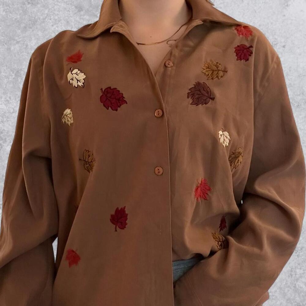 Tan Jay Brown Embroidered Autumn Leaf Blouse Collared Long Sleeve Fall - XL